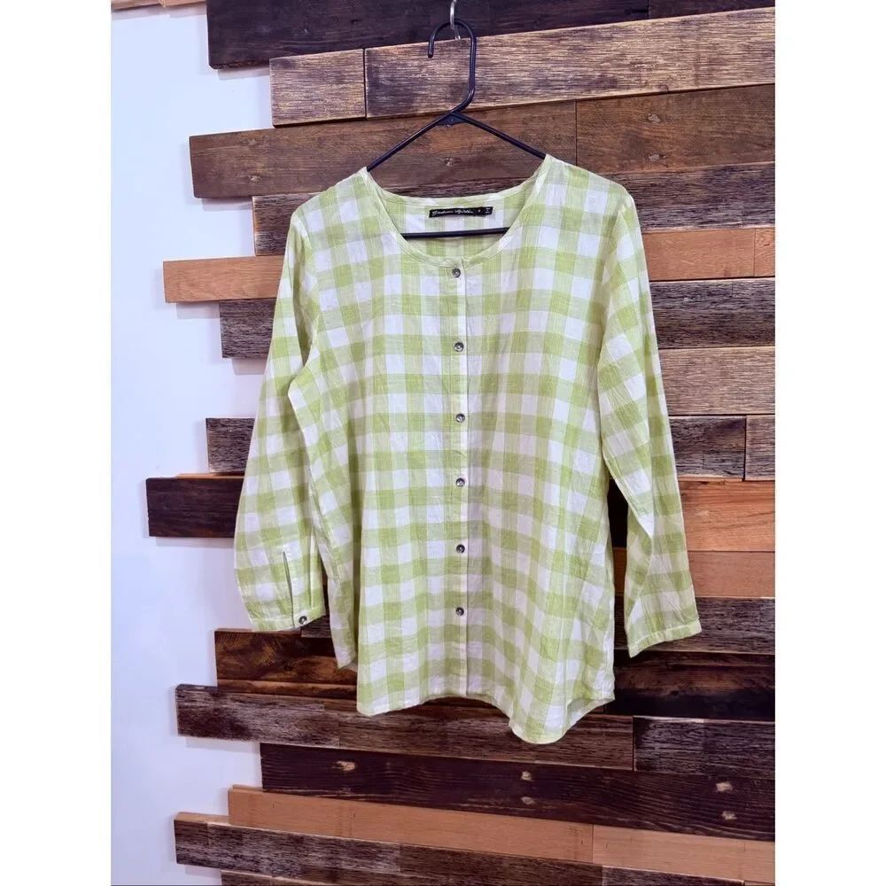 Gudrun Sjoden button front cotton cream/green top blouse shirt size Medium